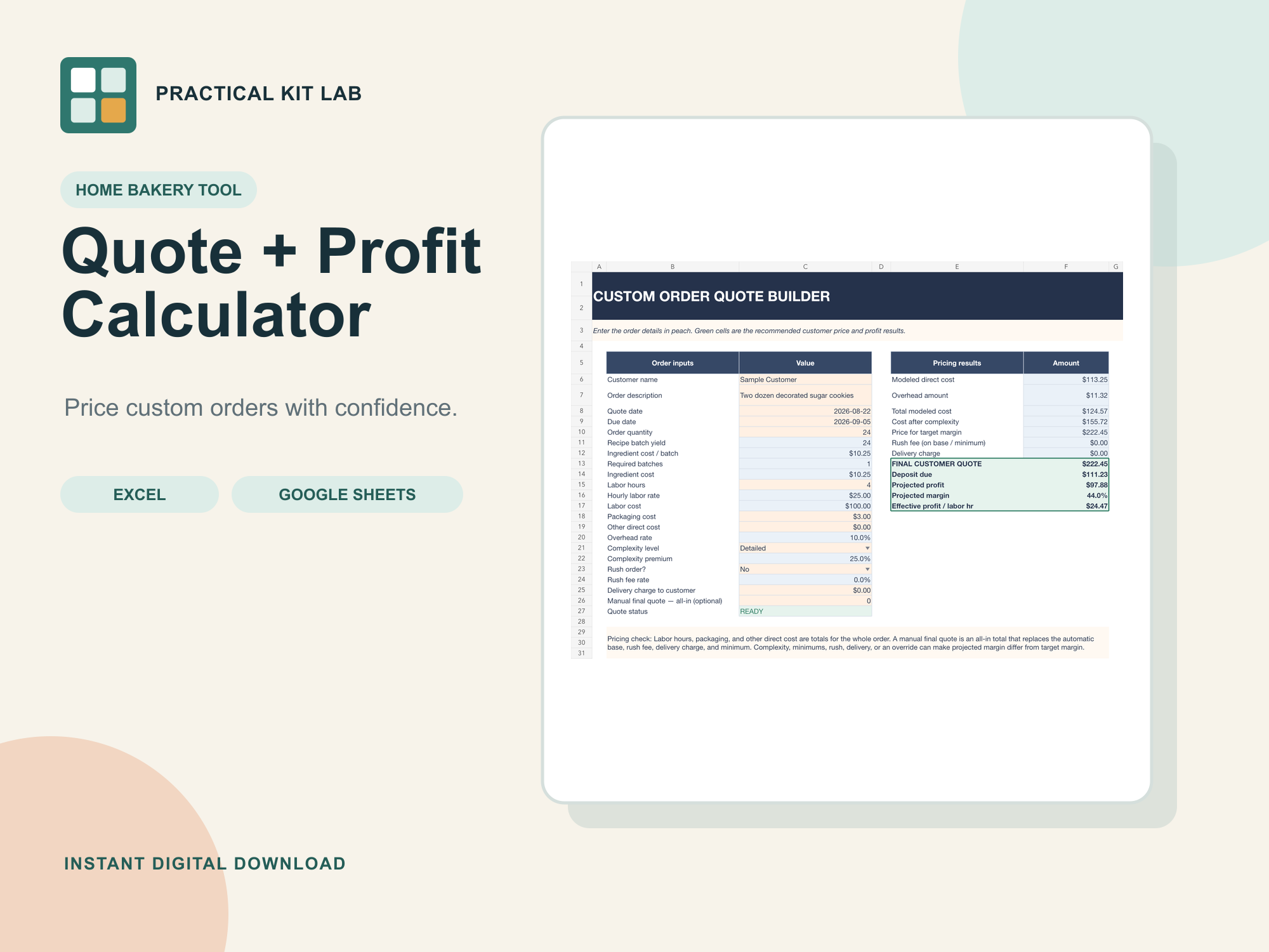 Home Bakery Pricing Calculator shown on a laptop and tablet