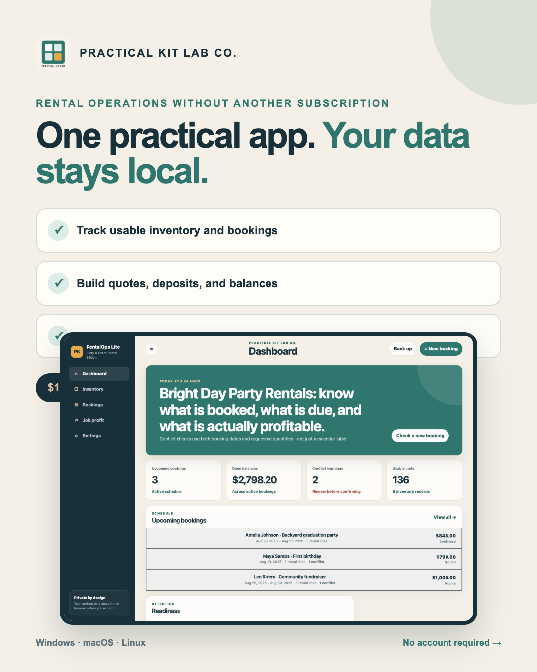 RentalOps Lite dashboard and one-time purchase benefits.
